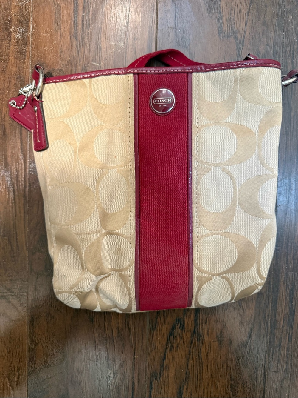 Coach Khaki Canvas Shoulder Bag with Red Trim